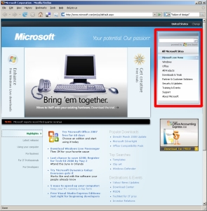 Microsoft Web site, Search area highlighted